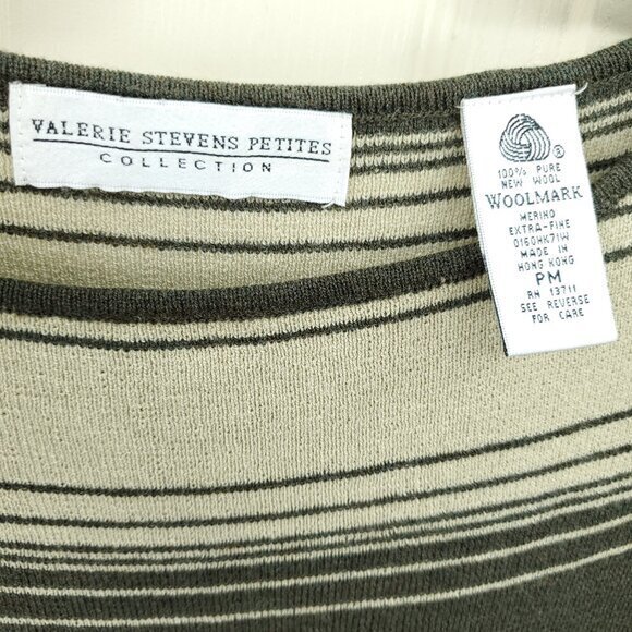 VTG 90s/2000s 100% Wool Knit Boat Neck Top PM Green/Cream/Black Stripe - Picture 3 of 16